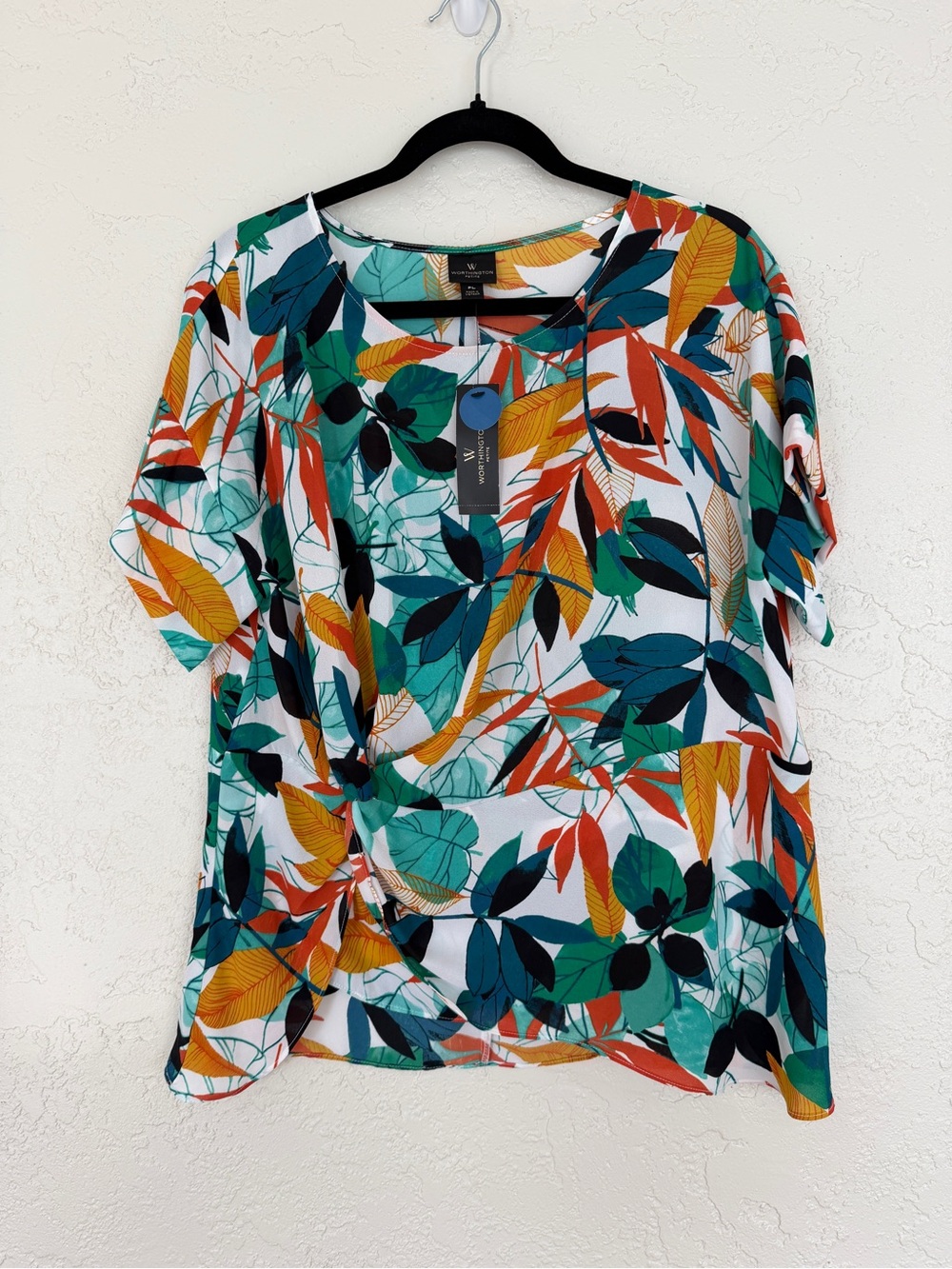 Worthington Tropical Leaf Print Knot Front Blouse - Large Petite